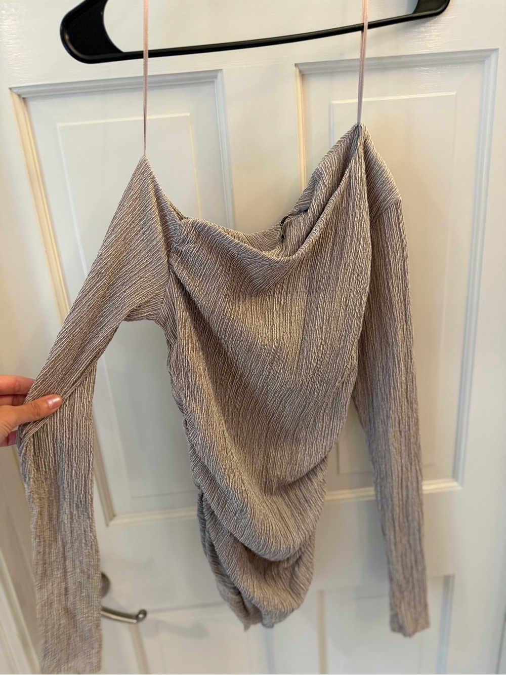 Zara Taupe Textured Ruched Off-Shoulder Sweater